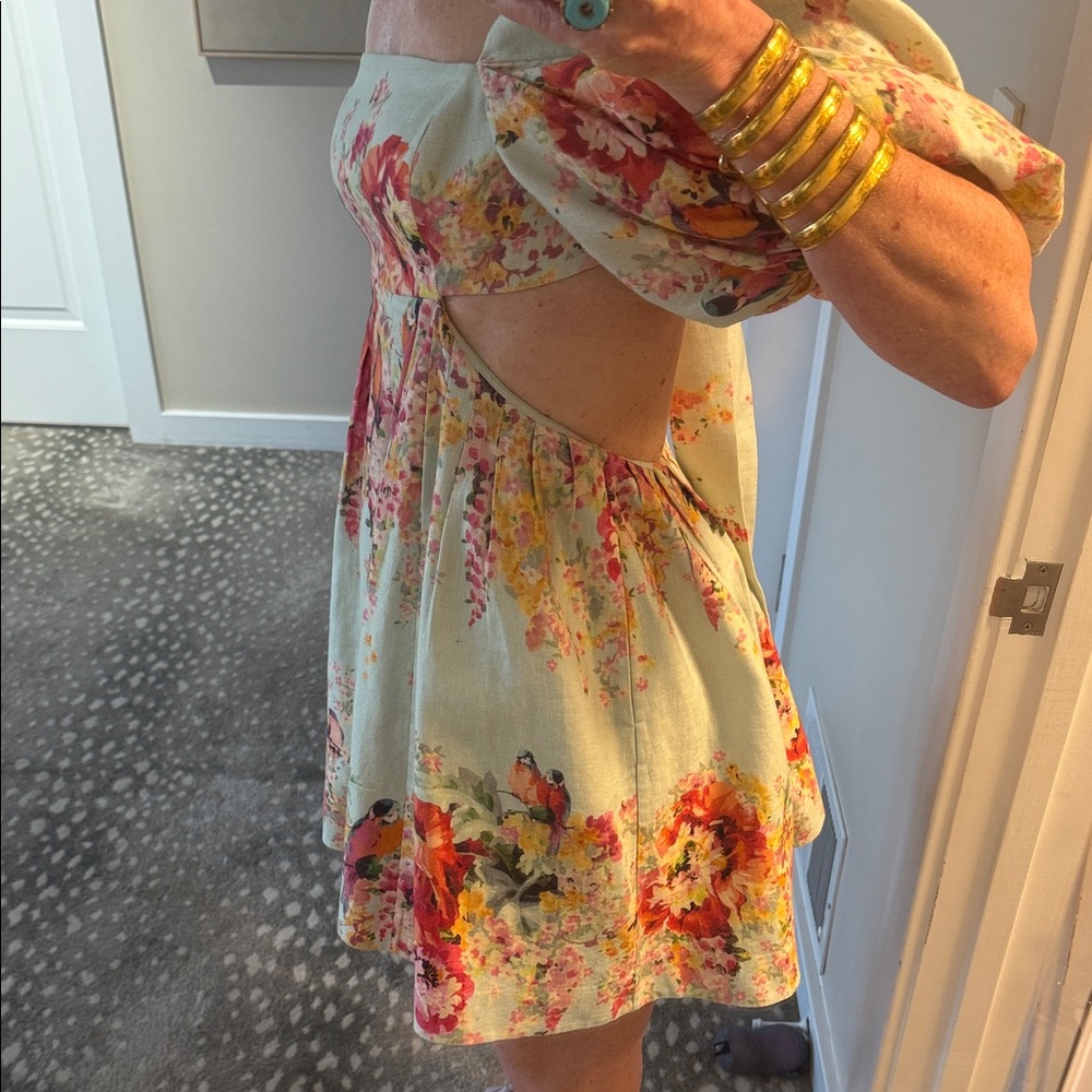 Zimmermann Mint Floral Puff-Sleeve Cut Out Mae Mini Dress Sz 1 AU - Picture 5 of 15